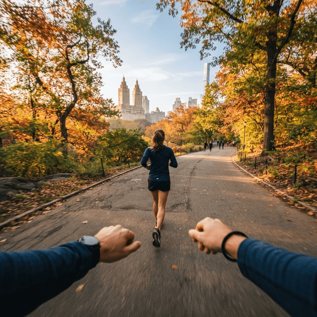 First-person view of a runner on a tree-lined Central Park path at golden hour